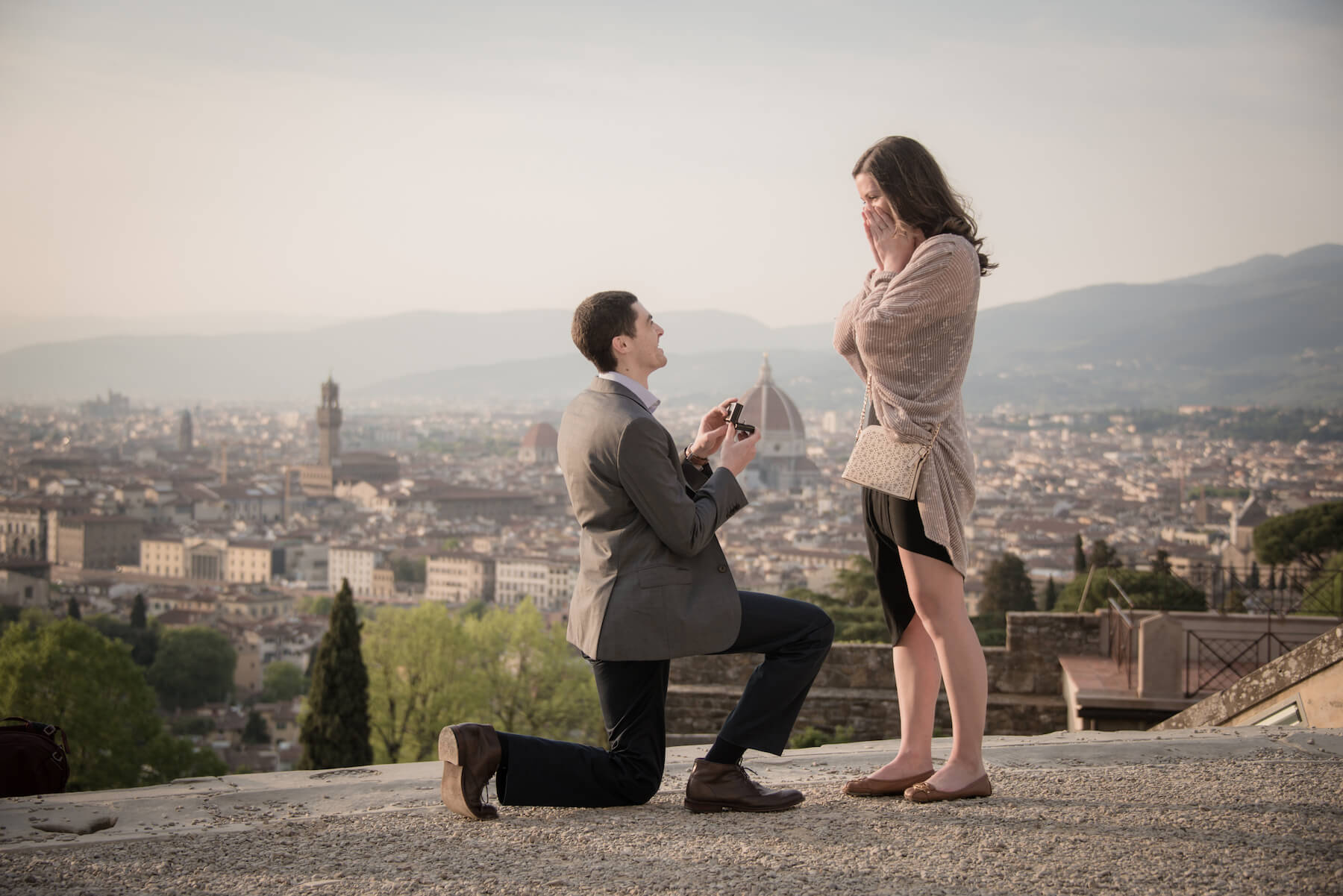 Surprise Flytographer proposal at the Piazzale Michelangelo in Florence, Italy