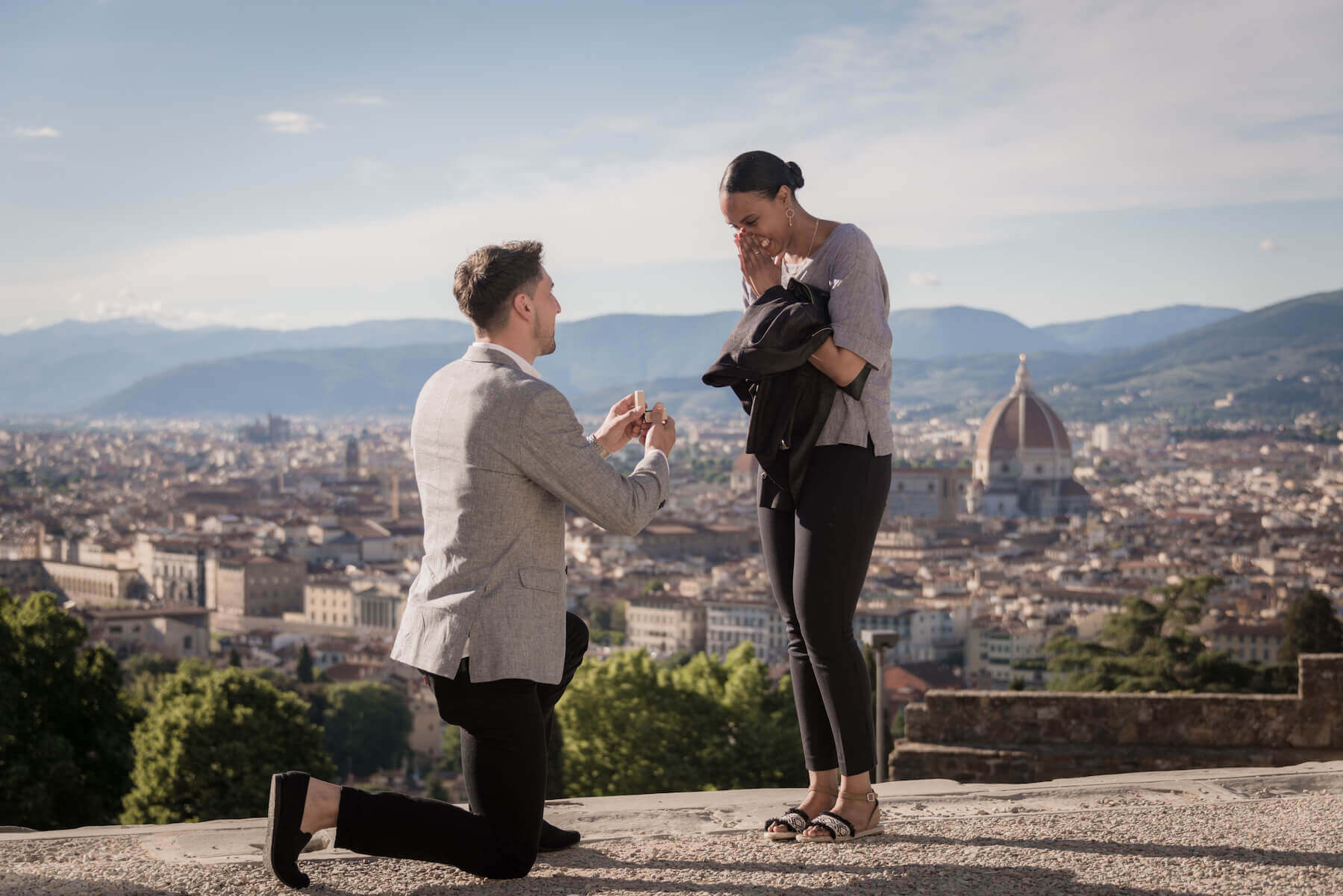 Surprise Flytographer proposal at Piazzale Michelangelo in Florence, Italy