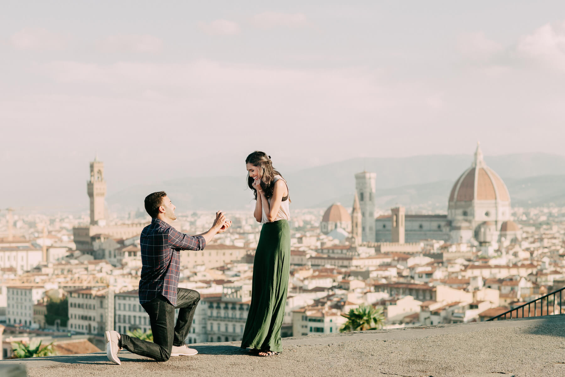 Surprise Flytographer proposal at Piazzale Michelangelo in Florence, Italy