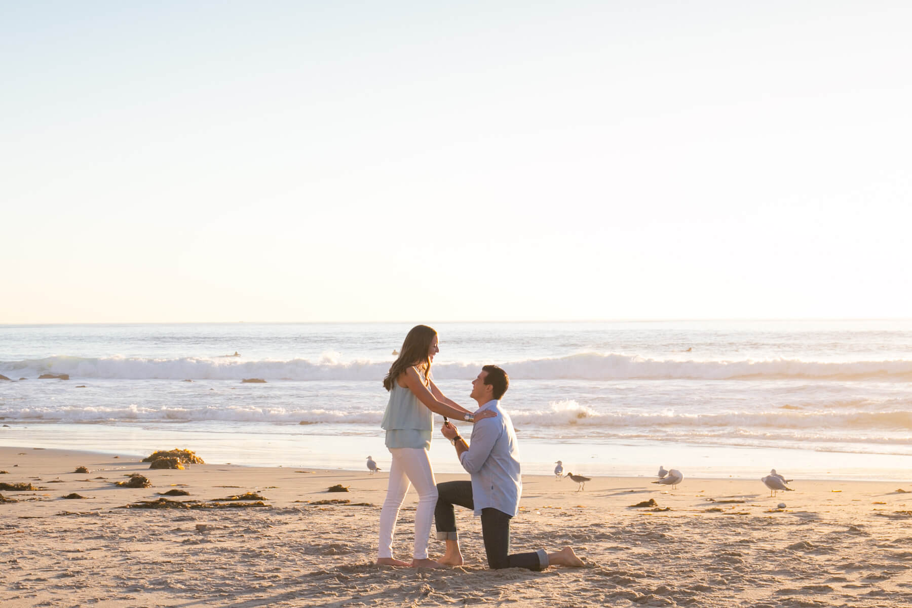 Couple kissing on the beach surrounded by seagulls in Los Angeles, California, USA