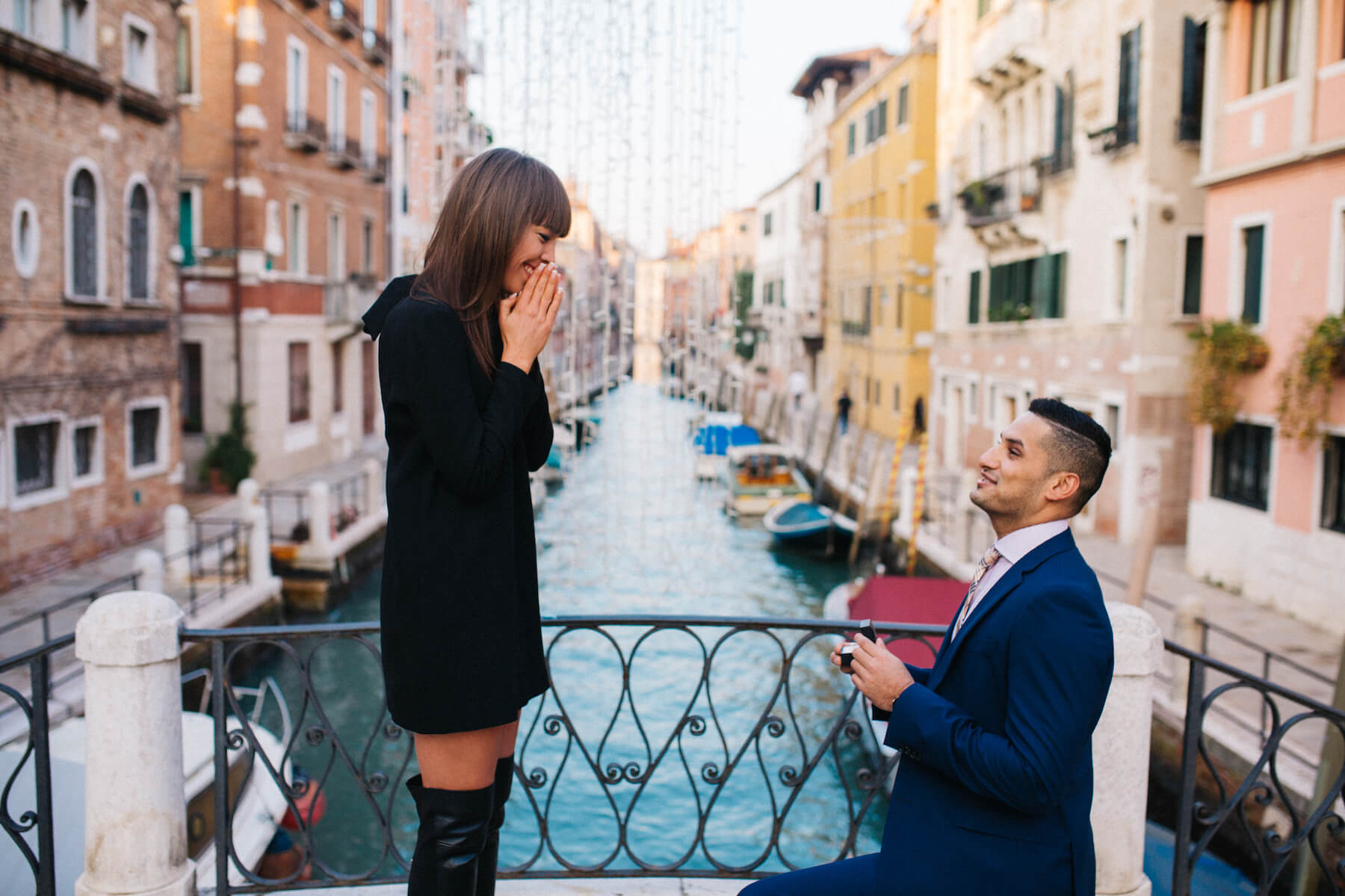 Man proposing to his partner on a bridge in Venice, Italy
