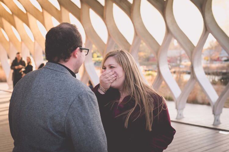 Woman covering mouth in shock to her partner's surprise proposal in Chicago, USA