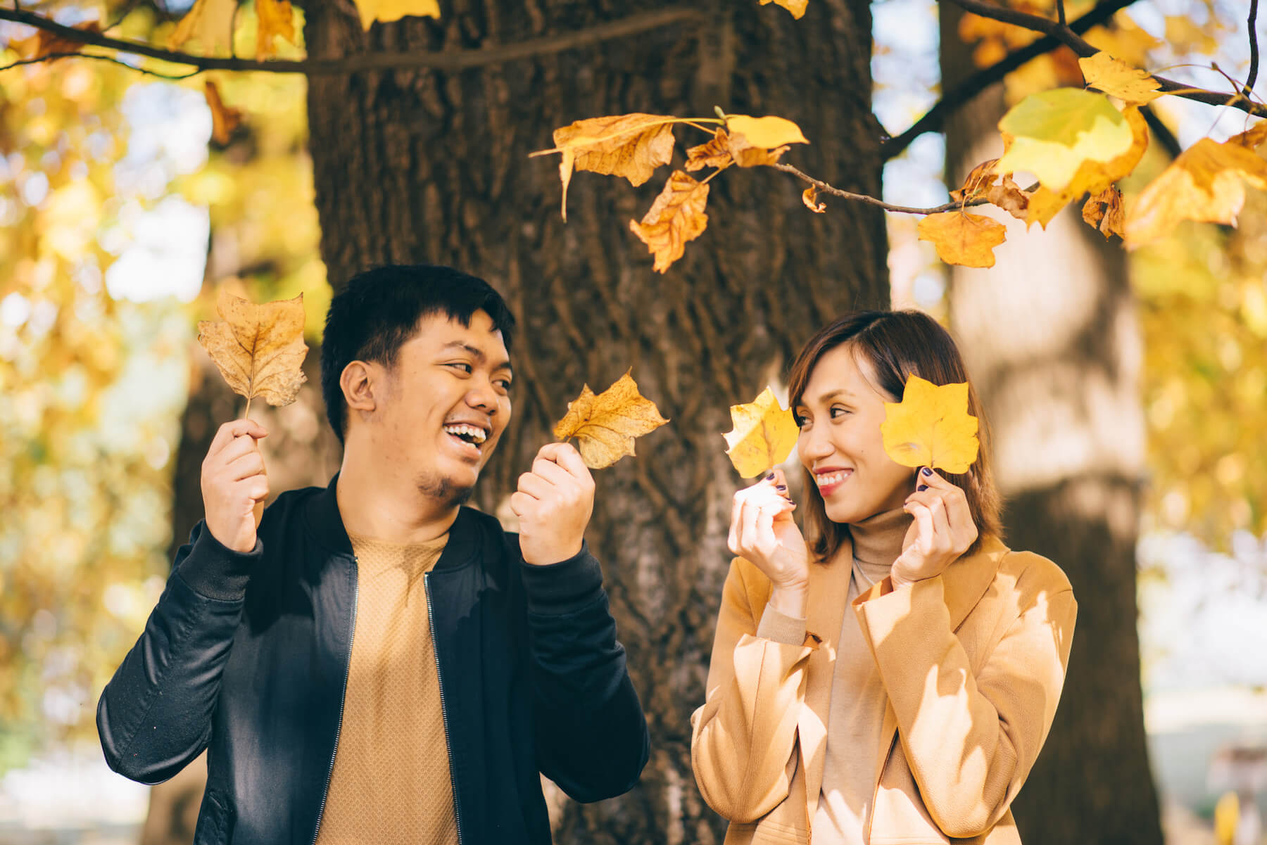 couple holding gingko leaves in Tokyo Japan