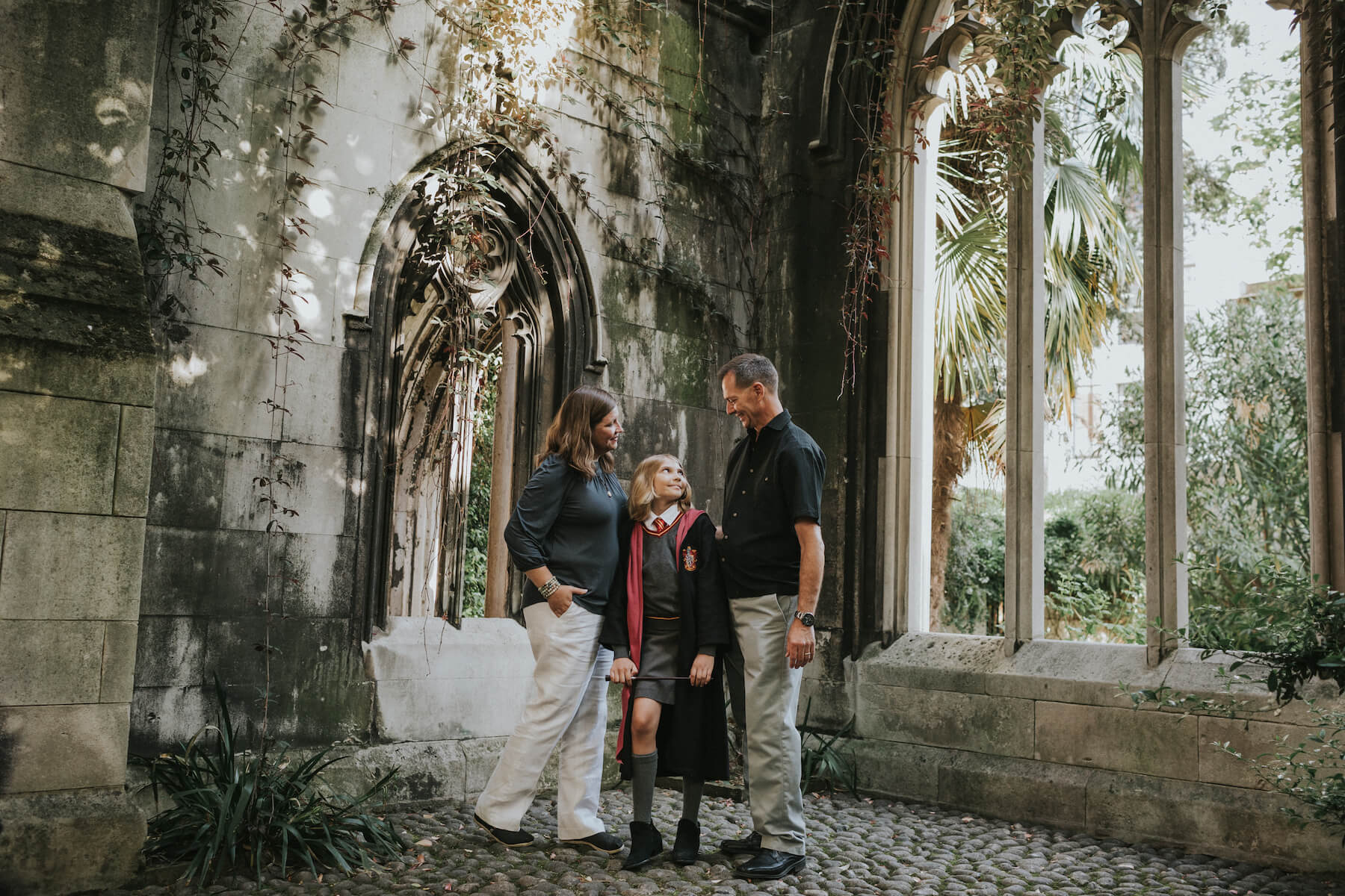 family trip with daughter dressed up in Harry Potter theme, London, England