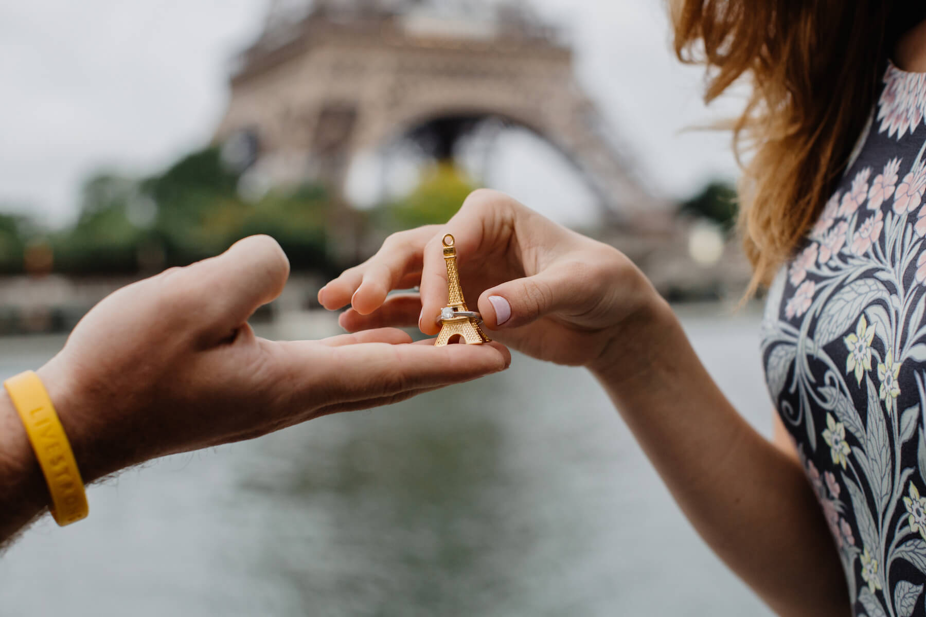 the man proposed to the woman, and had the ring presented to her on a small Eiffel Tower, in Paris, France