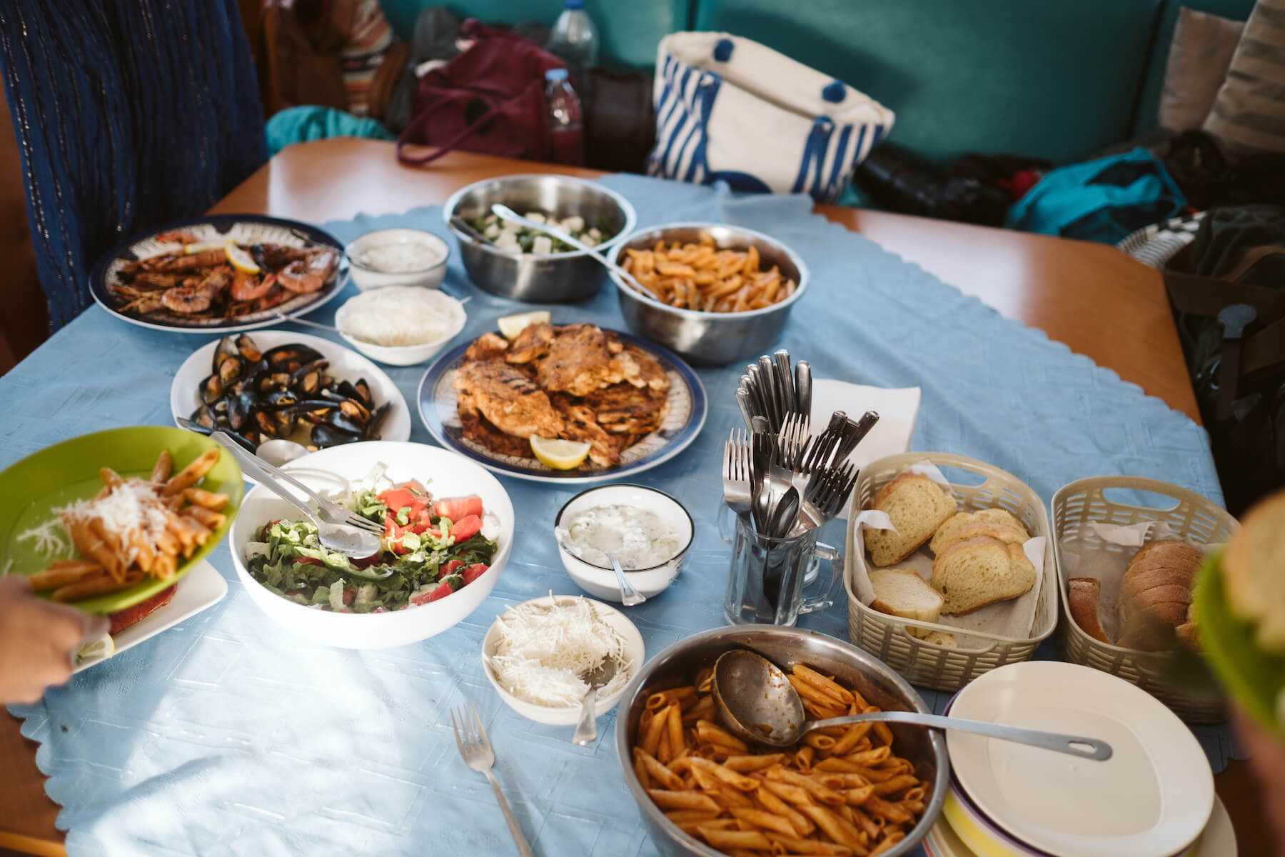 Food on a table in Santorini, Greece