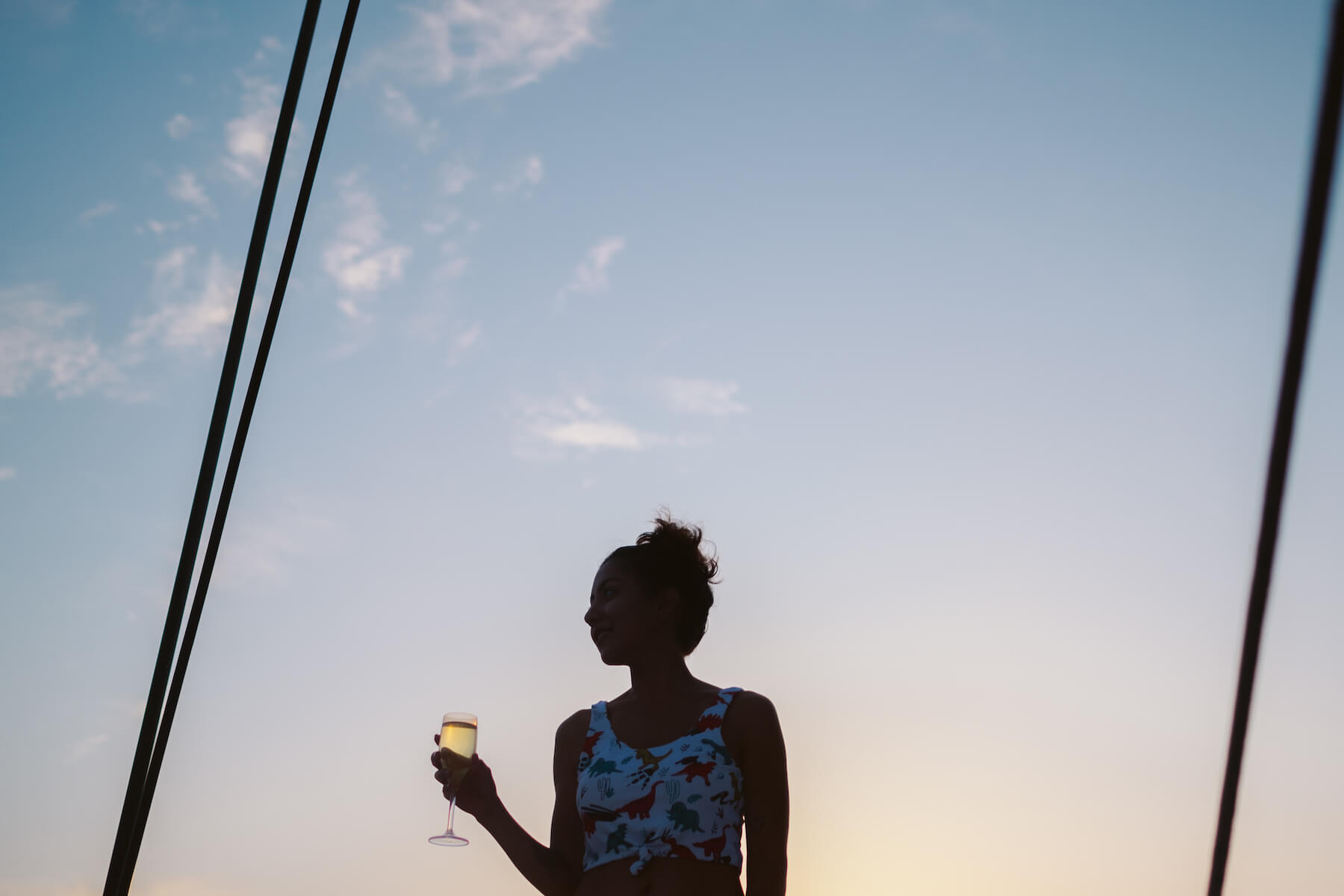 Woman in silhouette holding a glass of champagne during a sunset in Santorini, Greece