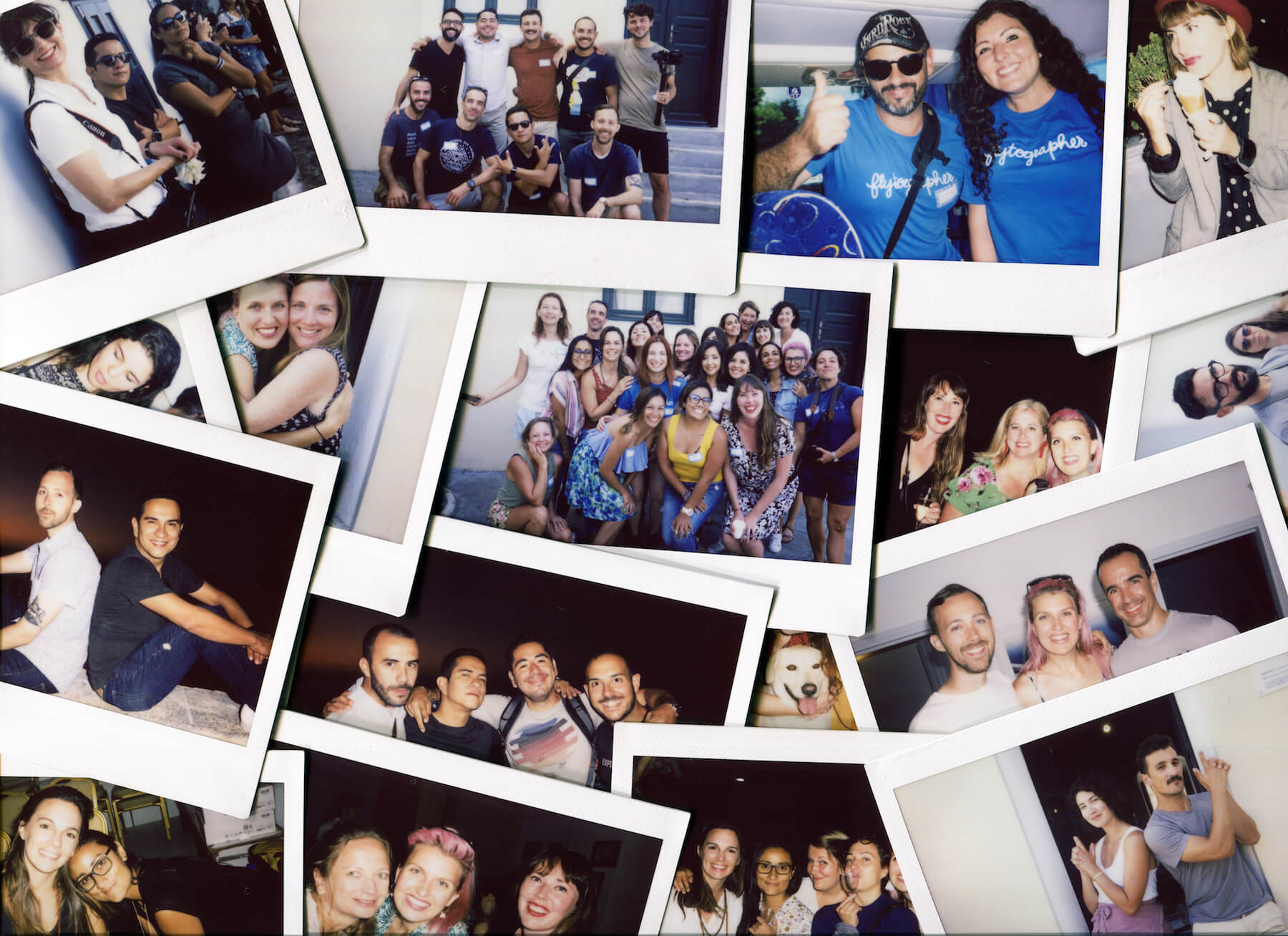 Polaroid photos of people smiling and laughing in Santorini, Greece