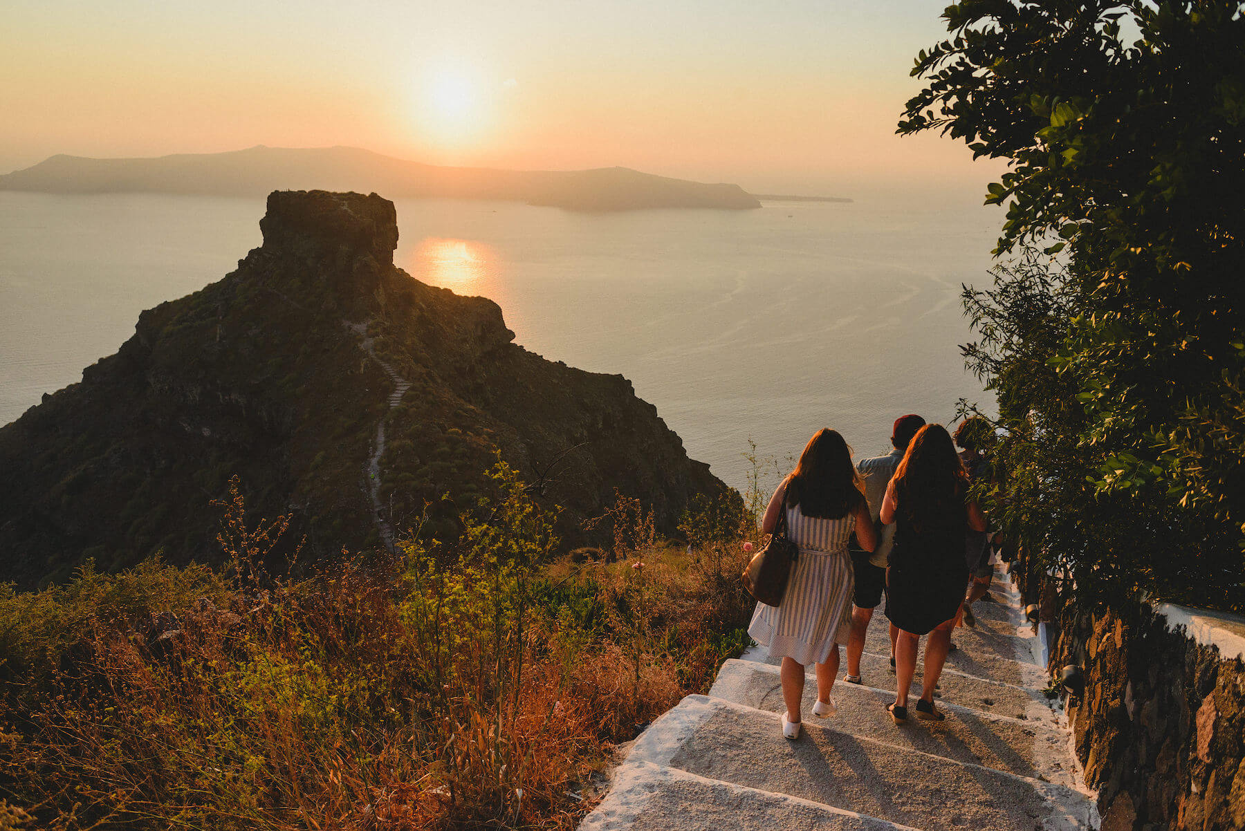 Sunset at Skaros Rock in Santorini, Greece