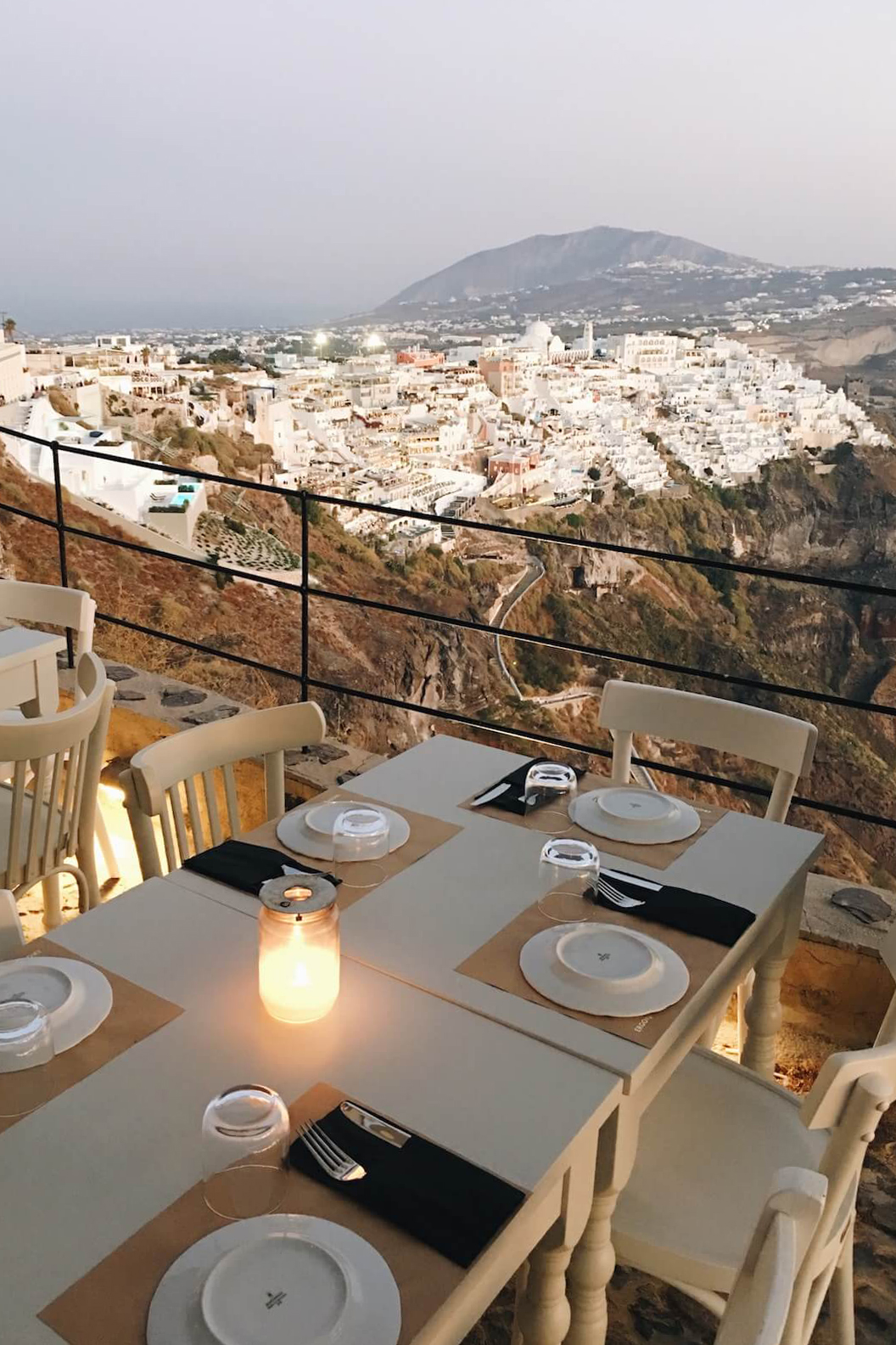 View from a patio restaurant in Santorini, Greece.
