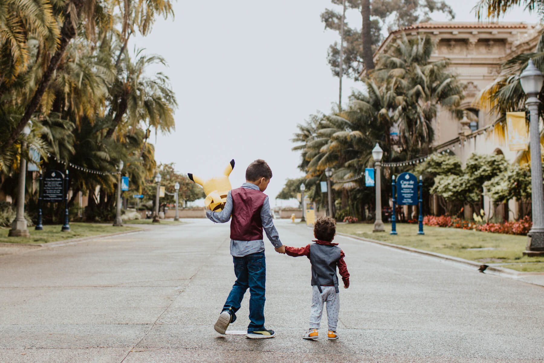 two brothers holding hands, walking in San Diego, California