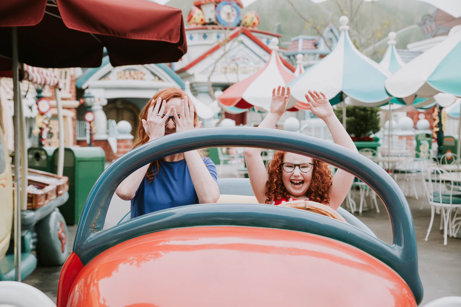 a mother and daughter riding dumbo in Anaheim, California