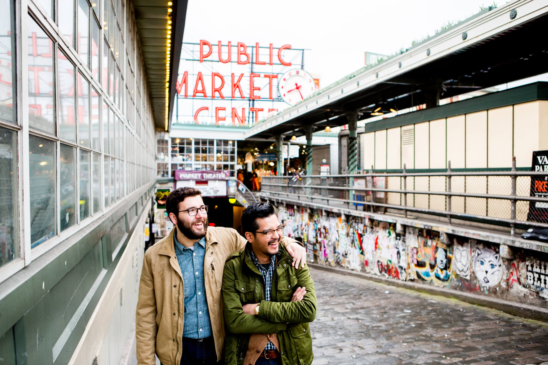 Gay couple in Seattle Pike Place Market United States
