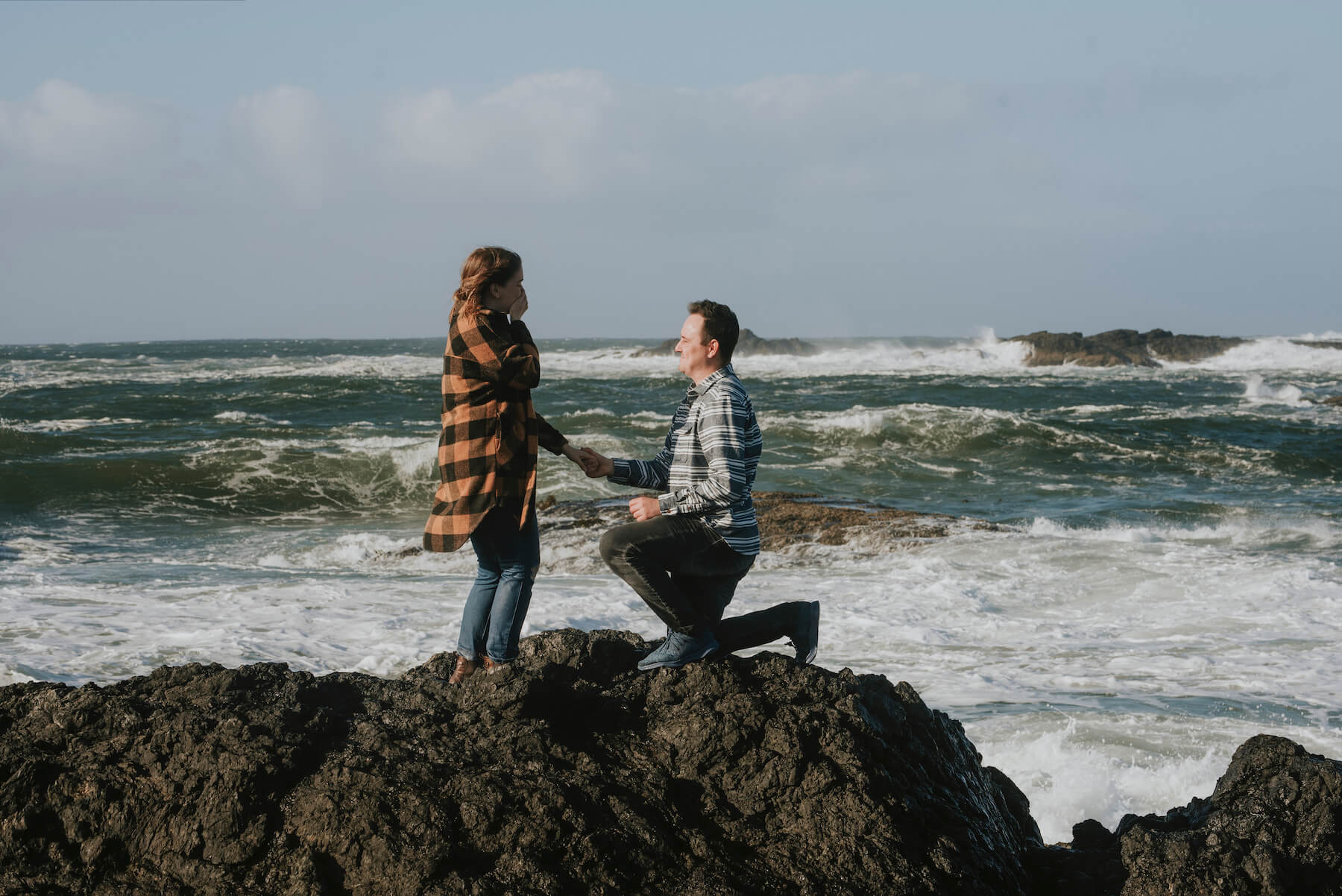 couple on vacation, surprise proposal in Tofino British Columbia Canada