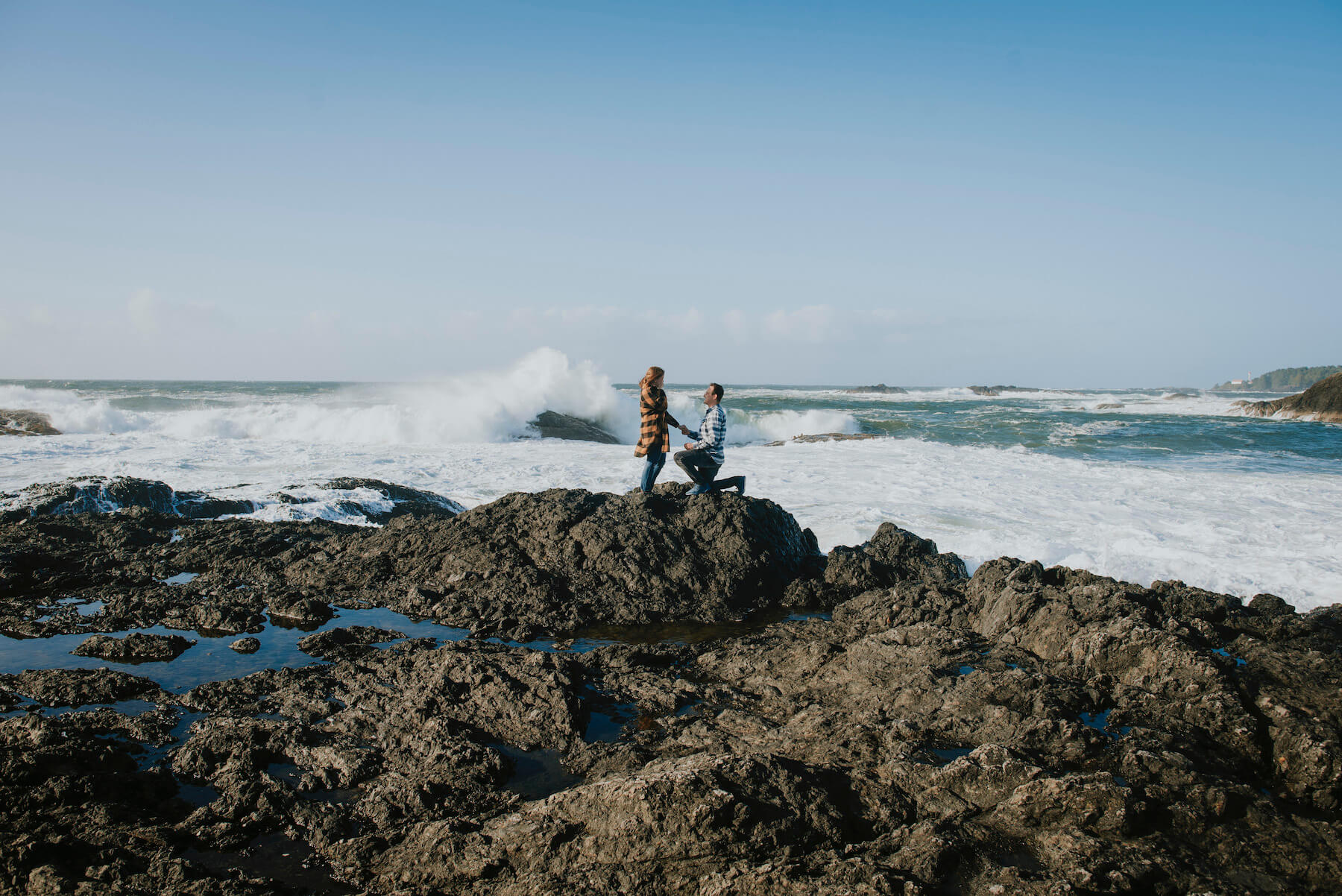 couple on vacation, surprise proposal in Tofino British Columbia Canada