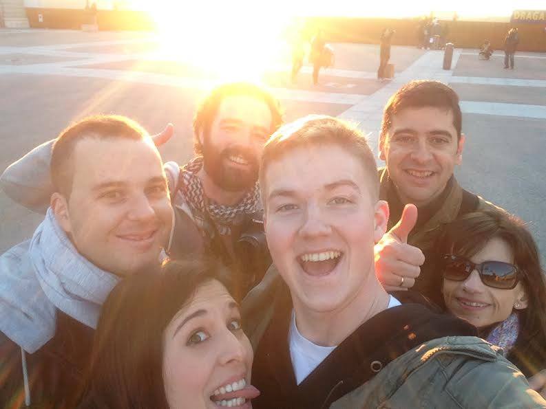 After shooting a Flytographer video, Francisco (centre) & Arturo (at back, right) in Madrid tucked in for a group shot.