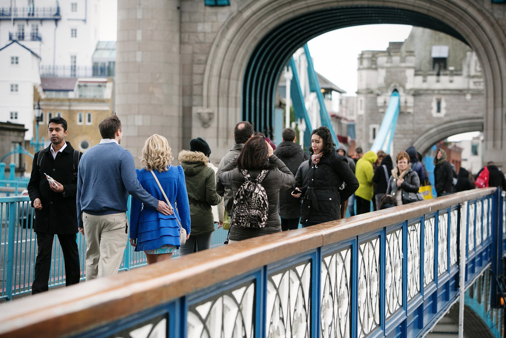 Julie stalks them like a stealth ninja across the Tower Bridge...